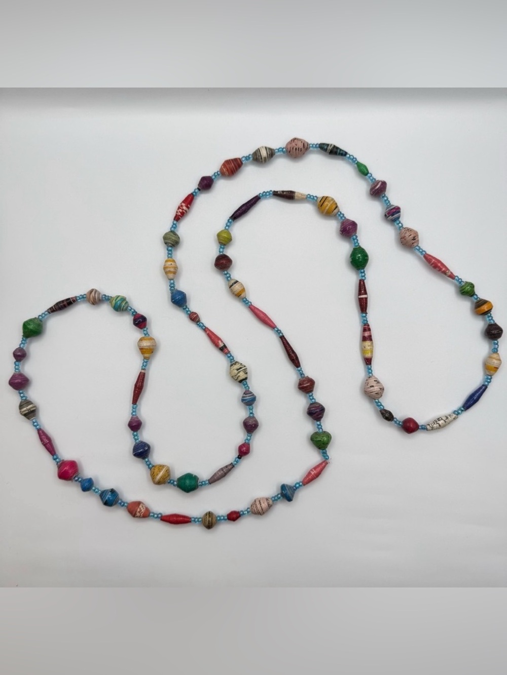 Handmade Paper Bead Necklace 52” Long Colorful Artisan Jewelry